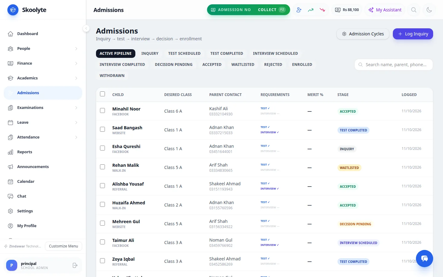 Admissions list with each applicant’s class, parent contact and stage